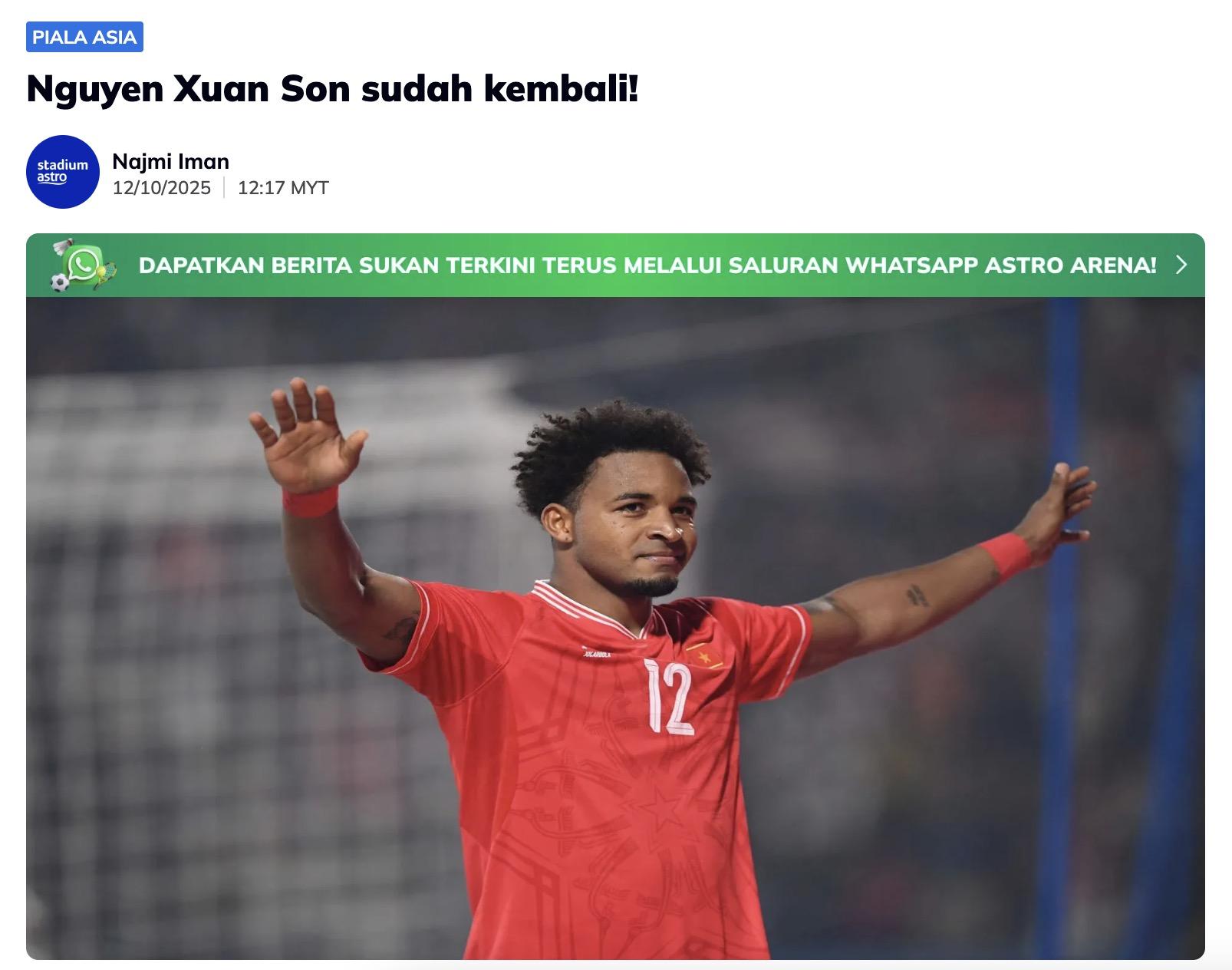 Truyền thông Malaysia lo lắng khi Xuân Son chính thức trở lại thi đấu